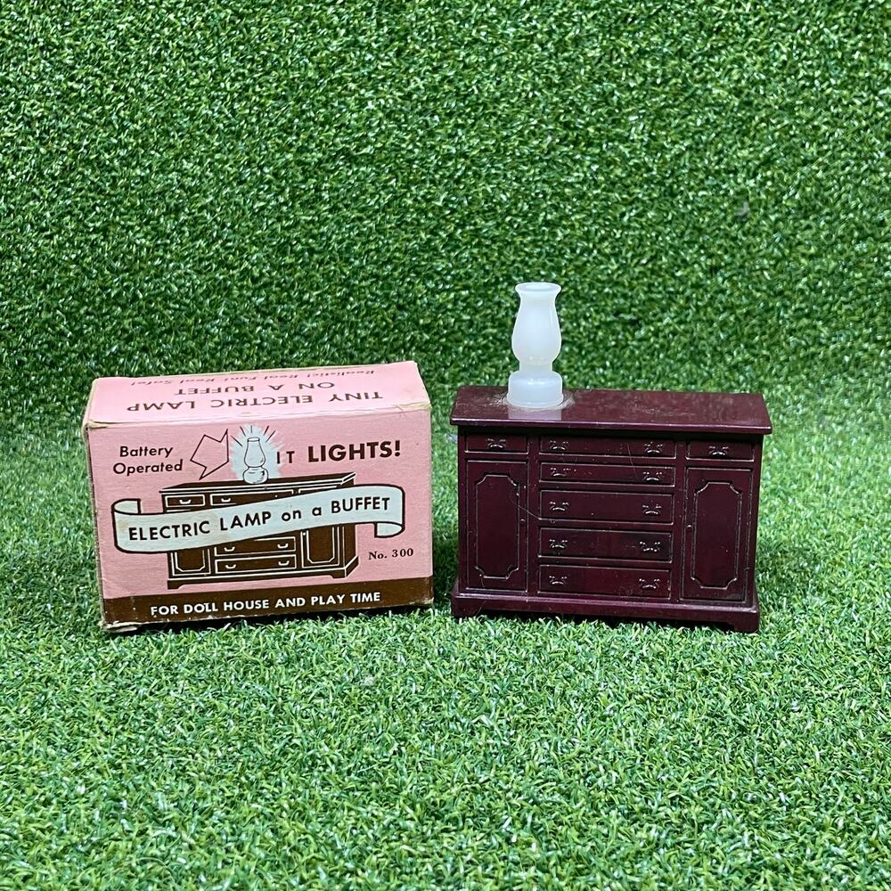 Vintage Brown Plastic Dollhouse Miniature Electric Lamp on a Buffet